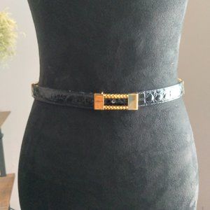 Neiman Marcus Black Three-buckle Leather And Snakeskin Belt | OS